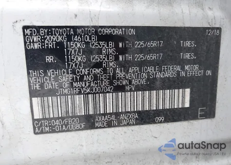 2019 Toyota Rav4 Le from USA, damaged, VIN JTMG1RFV5KJ007042